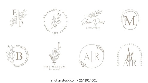 Collection de logo botanique élégante, illustrations dessinées à la main de fleurs, de feuilles et de brindilles, conception monographique délicate et minimale