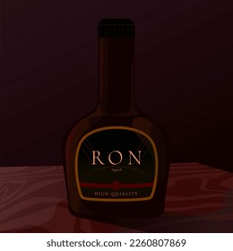 elegant bottle of rum on a large wooden table