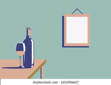 Elegant bottle of wine with a wine glass and a picture on the wall with copy space in minimal art deco style