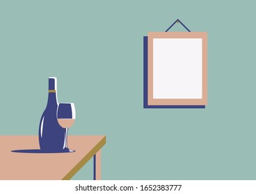 Elegant bottle of wine with a wine glass and a picture on the wall with copy space in minimal art deco style