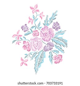 Elegant bouquet with abstract flowers, design element. Can be used for cards, invitations, fashion ornaments, fabrics, manufacturing, clothing design. Embroidery style decorative flowers. Editable