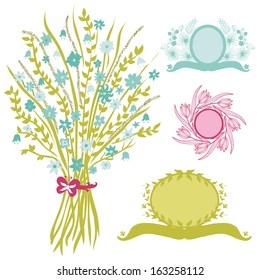 elegant bouquet with blue flowers and floral banners, design elements