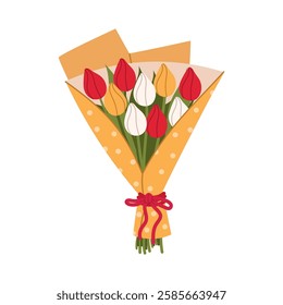 Elegant bouquet of colorful tulips wrapped in kraft paper.  Flower clipart. Gift, present for special days. Flat vector isolated on white background.