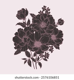 Elegant bouquet of flowers. Botanical silhouette decorative vintage floral element. Vector illustration for card, wedding invitation, banner, poster, print design, tattoo