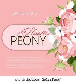 Elegant bouquet of pink peonies with white flowers on a light pink background, flat graphic style, floral theme for greeting or invitation card. Vector illustration