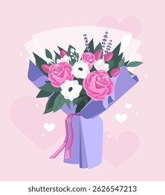 Elegant bouquet of pink roses, white flowers, and lavender in a lilac wrap with ribbon, flat style on a soft pink heart background. Concept of love and celebration. Vector illustration