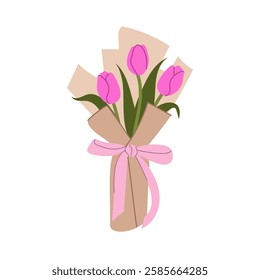 Elegant bouquet of pink tulips wrapped in kraft paper.  Flower clipart. Gift, present for special days. Flat vector isolated on white background.