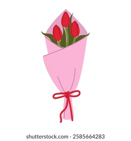 Elegant bouquet of red tulips wrapped in pink paper.  Flower clipart. Gift, present for special days. Flat vector isolated on white background.