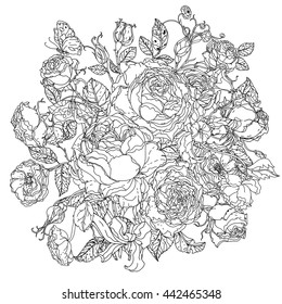 elegant bouquet shaped contoured garden flowers, leaves. black and white, for coloring book or poster colouring book style luxury roses in zenart style, could be used for Adult colouring book.