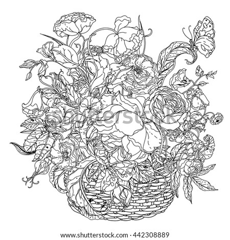Elegant Bouquet Shaped Contoured Garden Flowers Leaves Black And White For Coloring Book