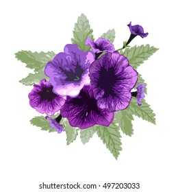 Elegant bouquet with violet petunia flowers, design element. Can be used for wedding, baby shower, mothers day, valentines day cards, invitations. All elements are editable