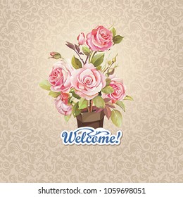 Elegant Bouquet of watercolor roses. Invitation vintage postcard with a beautiful hand-drawing rose for wedding. Floral template for congratulation design