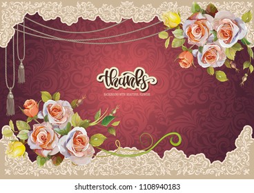 Elegant Bouquet of watercolor roses. Invitation vintage postcard with a beautiful hand-drawing rose. Floral template for congratulation design