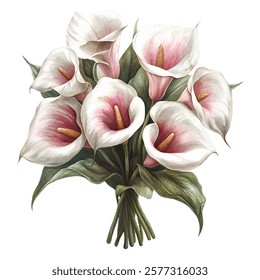 Elegant bouquet of white and pink calla lilies, perfect for floral arrangements, wedding decor, or greeting cards. The delicate petals and vibrant colors make it a stunning choice for any occasion.