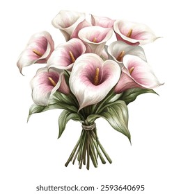 Elegant bouquet of white and pink calla lilies, perfect for floral arrangements, wedding decor, or greeting cards. The delicate petals and vibrant colors make it a stunning choice for any occasion.