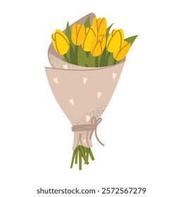 Elegant bouquet of yellow tulips wrapped in kraft paper with decorative hearts. Perfect for spring holidays, Mother's Day, and cheerful occasions. Flat vector illustration isolated on white background