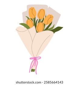 Elegant bouquet of yellow tulips wrapped in kraft paper.  Flower clipart. Gift, present for special days. Flat vector isolated on white background.