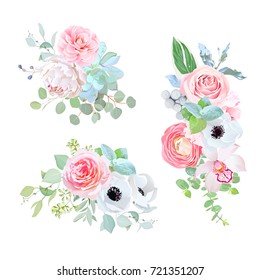 Elegant bouquets of camellia, peony, succulent, rose, anemone, ranunculus, orchid, brunia, eucalyptus, silverberry vector design set. Wedding pink and white flowers. All elements are editable.