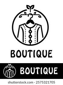 Elegant boutique logo design featuring a minimalist style with a fashionable outfit, hanger, and leaves