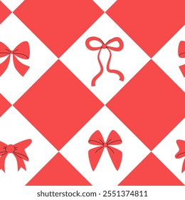Elegant Bow and Diamond Pattern. Red and White Seamless Pattern. Monochrome Ornament. 