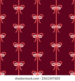Elegant Bow and Ribbon Pattern on Deep Burgundy Background Valentines Day seamless pattern Square vector backdrop, wedding, packaging, wrapping paper, wallpaper, fabric, textile, holiday template