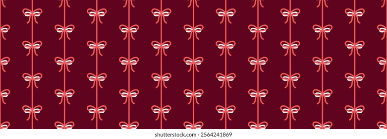 Elegant Bow and Ribbon Pattern on Deep Burgundy Background Valentines Day seamless pattern Long horizontal web cover banner, sale header, voucher template. Wedding, packaging, wrapping paper,