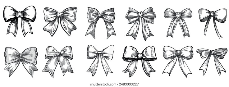 Elegant bow ribbons with vintage stipple effect, y2k coquette collage design. Vector Set for Stylish and Decorative Design Projects