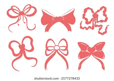 Elegant bow set. Silhouette ribbon, simple, minimalistic vintage design. Gift wrapping, logo. Vector isolated on white background