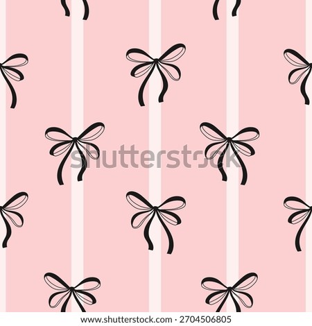 Elegant Bow and Stripe Seamless pattern with black ribbon bows over vertical light pink and white stripes for fabric, packaging, stationery, gift wrap, and digital design.Vector illustration