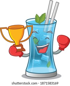 An elegant boxing winner of blue hawai cocktail caricature design concept