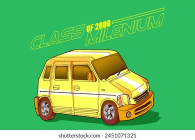 An elegant, boxy city car famous from the late 1990s, exudes classic retro vibes, perfect for merchandise and graphic t-shirts.