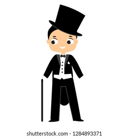 Elegant boy dressed in tailcoat and top hat. Victorian fashion gentleman