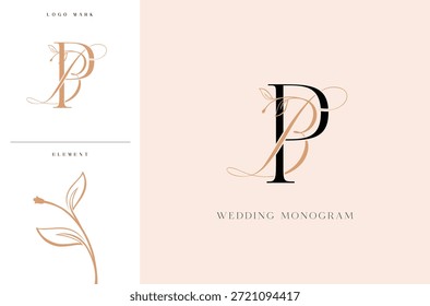 Logotipo elegante del monograma de la boda de BP con los acentos botánicos