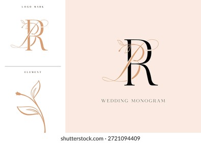 Elegant BR wedding monogram logo with botanical accents
