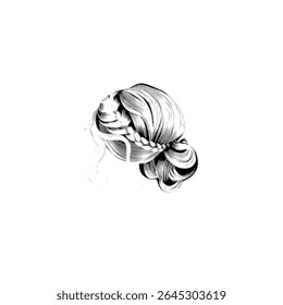 An elegant braided updo hairstyle is showcased against a white background, highlighting its intricate design and fashionable appeal. Isolated on white background.