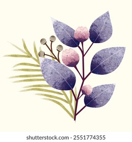 Elegante ramo com folhas e flores em um estilo rústico, criado em aquarela técnica. Perfeito para projetar cartões, convites, embalagens e projetos decorativos.