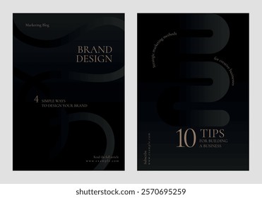 Elegant brand design templates with dark tones. Marketing blog tips for brand design. Stylish design for creative business branding. Modern design ideas. Black business vector template set.