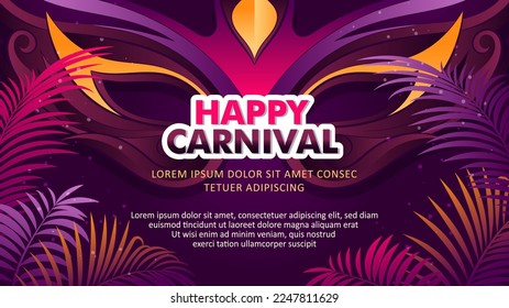 Elegant brazilian carnival flyer template with golden, dark purple mask and palm leaves design