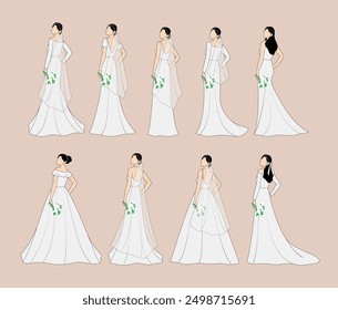 Elegant Bridal Gown Illustrations Collection. Features a variety of stylish wedding dresses with different designs and silhouettes. Ideal for bridal fashion, wedding planning, and design inspiration.