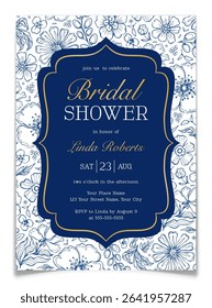 Elegant bridal shower invitation with line art floral background in toile de jouy style. Navy blue label with handwritten gold typography. Vintage wedding celebrations postcard. Vector illustration.