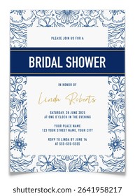 Elegant bridal shower invitation template with blue line art floral toile de jouy border. Navy blue ribbon and handwritten gold typography. Vintage wedding celebration postcard. Vector illustration.