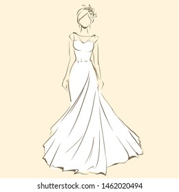 Elegant bride in beautiful dress. Standing and posing. Sketch slender silhouette of woman, line artwork for invitation or banner. Vector drawing, freehand