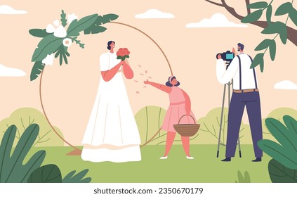 Elegant Bride Character Radiating Joy, Poses Gracefully Amidst Scenic Garden Backdrop with Arch, Vector Illustration