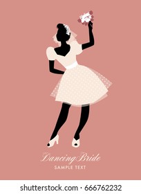 Elegant bride dancing with bouquet in hand. Vector Illustration