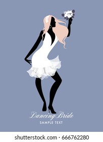 Elegant bride dancing with bouquet in hand. Vector Illustration