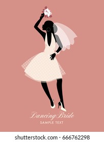Elegant bride dancing with bouquet in hand. Vector Illustration