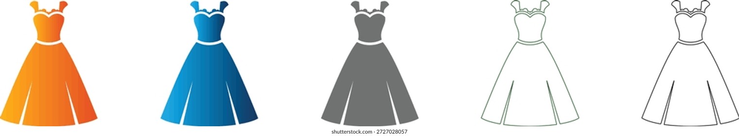 Um elegante vestido de noiva ícone vetor plano, isolado em branco, parte de um conjunto de ícone consistente, perfeito para convites de casamento e desenhos românticos.
