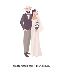 Elegant bride dressed in fancy vintage gown and groom wearing stylish suit and hat. Loving man and woman at wedding ceremony isolated on white background. Vector illustration in flat cartoon style