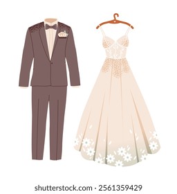 Elegant bride and groom clothing,  bridal style and romantic elements. Wedding dress and suit. Flat vector illustration.