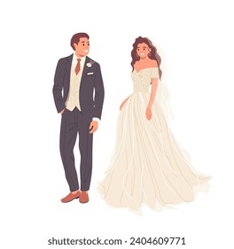 Elegant bride and groom couple newlyweds cartoon character wearing trendy fashion bridal outfit